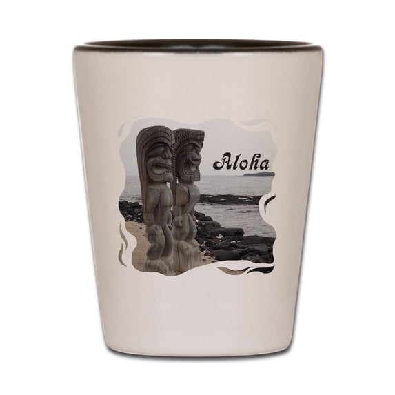 CafePress - Place Of Refuge Tikis Aloha - White/Black Shot Glass, Unique and Funny Shot Glass