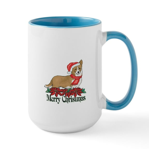 CafePress - Poinsettia Welsh Corgi Large Mug - 15 oz Ceramic Large White Novelty Mug