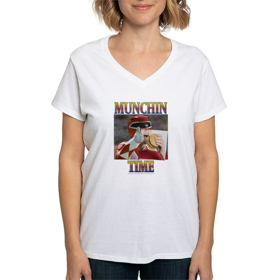 CafePress - Power Rangers Munchin Time Women's V Neck T Shirt - Womens Cotton V-Neck T-shirt