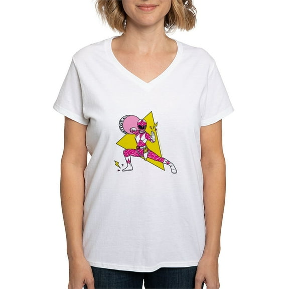 CafePress - Power Rangers Pink Ranger D Women's V Neck T Shirt - Womens Cotton V-Neck T-shirt