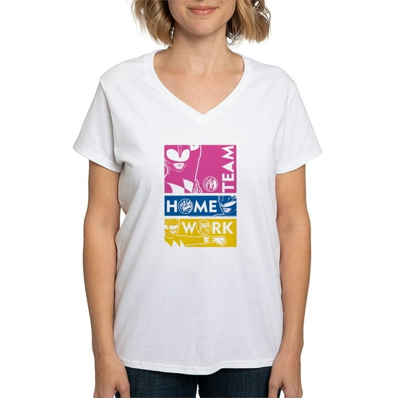 CafePress - Power Rangers Team Home Wor Women's V Neck T Shirt - Womens Cotton V-Neck T-shirt