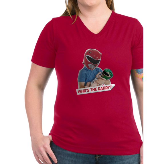 CafePress - Power Rangers Who's The Dad Women's V Neck T Shirt - Women's V-Neck Dark T-Shirt