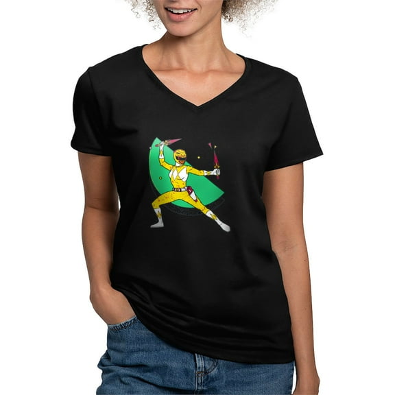 CafePress - Power Rangers Yellow Ranger Women's V Neck T Shirt - Women's V-Neck Dark T-Shirt