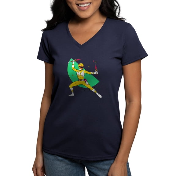 CafePress - Power Rangers Yellow Ranger Women's V Neck T Shirt - Women's V-Neck Dark T-Shirt