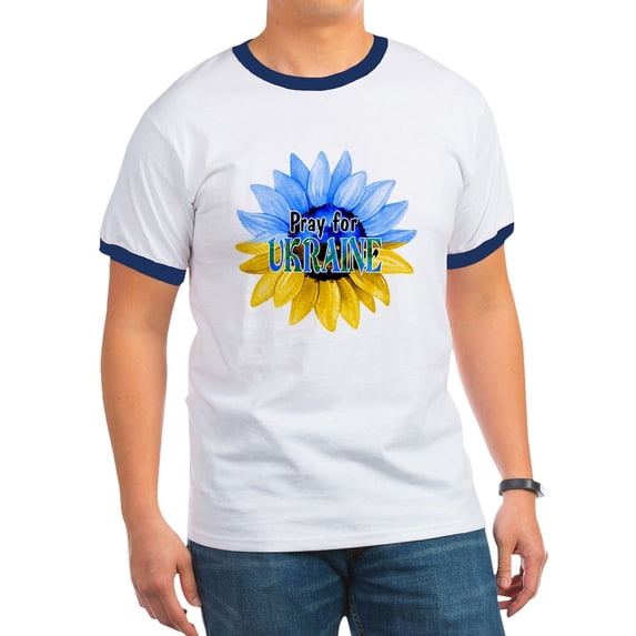 CafePress - Pray For Ukraine Blue And Yellow Sunflower T Shirt - 100% Cotton Ringed T-Shirt