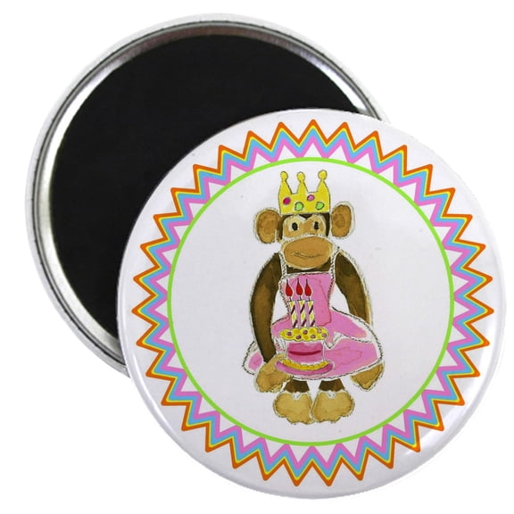 CafePress - Princess Monkey Pink Cake 3 Candles Zig Zag Magnet - 2.25" Round Magnet, Refrigerator Magnet, Button Magnet Style