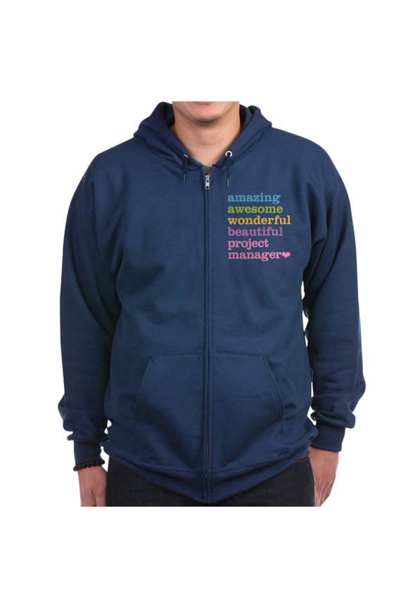 - Project Manager Zip Hoodie (Dark) - Zip Hoodie, Classic Hooded Sweatshirt with Metal Zipper