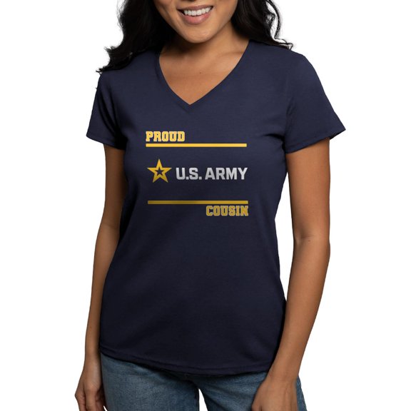 CafePress - Proud Army Cousin White And Gold T Shirt - Women's V-Neck Dark T-Shirt