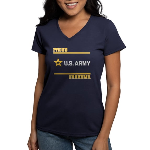 CafePress - Proud Army Grandma White And Gold T Shirt - Women's V-Neck Dark T-Shirt