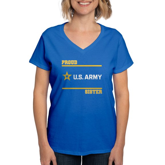 CafePress - Proud Army Sister White And Gold T Shirt - Women's V-Neck Dark T-Shirt