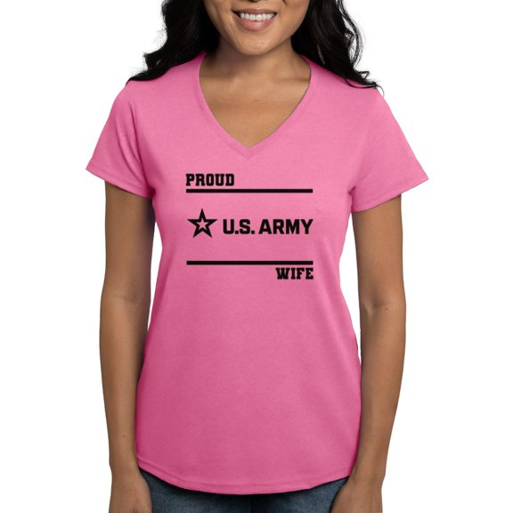 CafePress - Proud Army Wife Black T Shirt - Women's V-Neck Dark T-Shirt
