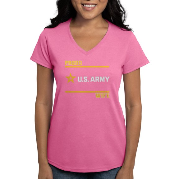 CafePress - Proud Army Wife White And Gold T Shirt - Women's V-Neck Dark T-Shirt