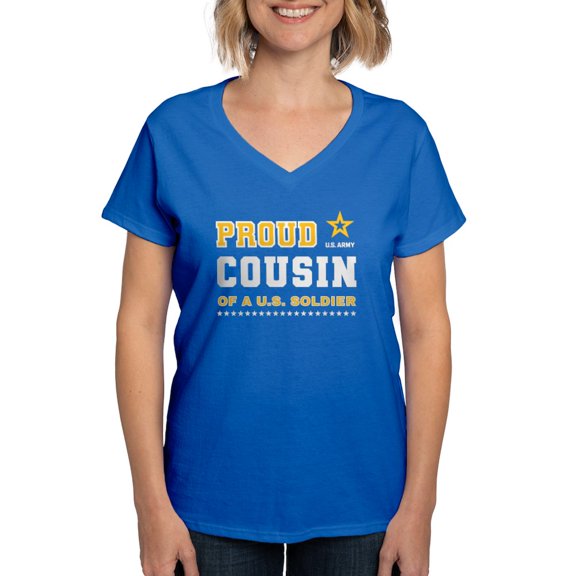 CafePress - Proud Cousin Of A Soldier White And Gold T Shirt - Women's V-Neck Dark T-Shirt