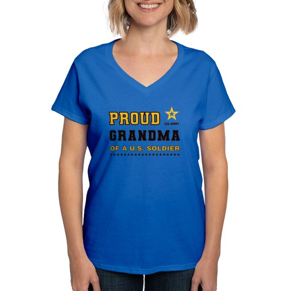 CafePress - Proud Grandma Of A Soldier Black And Gold T Shirt - Women's V-Neck Dark T-Shirt