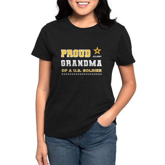 CafePress - Proud Grandma Of A Soldier White And Gold T Shirt - Women's Traditional Fit Dark T-Shirt