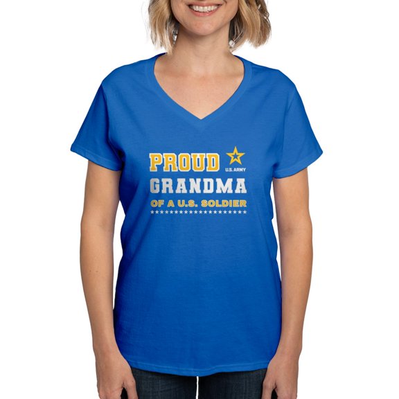 CafePress - Proud Grandma Of A Soldier White And Gold T Shirt - Women's V-Neck Dark T-Shirt