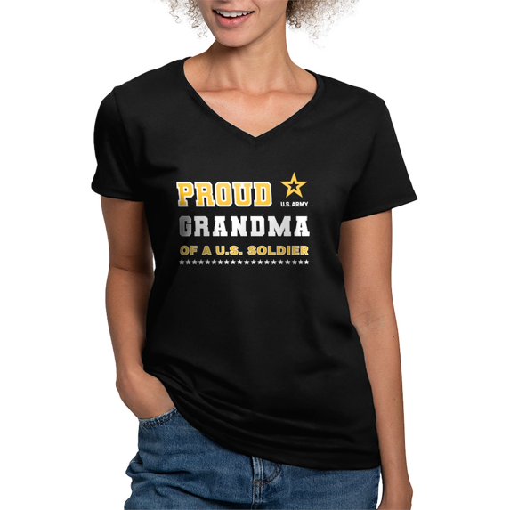 CafePress - Proud Grandma Of A Soldier White And Gold T Shirt - Women's V-Neck Dark T-Shirt