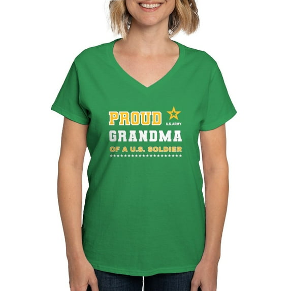 CafePress - Proud Grandma Of A Soldier White And Gold T Shirt - Women's V-Neck Dark T-Shirt