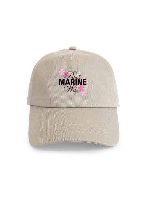 - Proud Marine Wife Cap - Adjustable 100% Brushed Unisex Casual Cotton Baseball Cap, Beige, 1