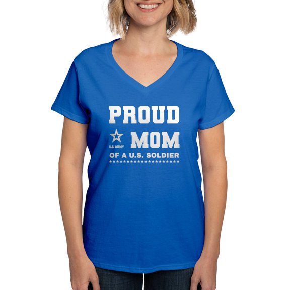CafePress - Proud Mom Of A Soldier White T Shirt - Women's V-Neck Dark T-Shirt