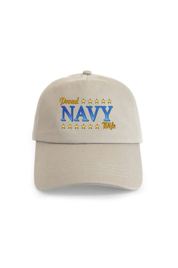 - Proud Navy Wife Cap - Adjustable 100% Brushed Unisex Casual Cotton Baseball Cap, Beige, 1