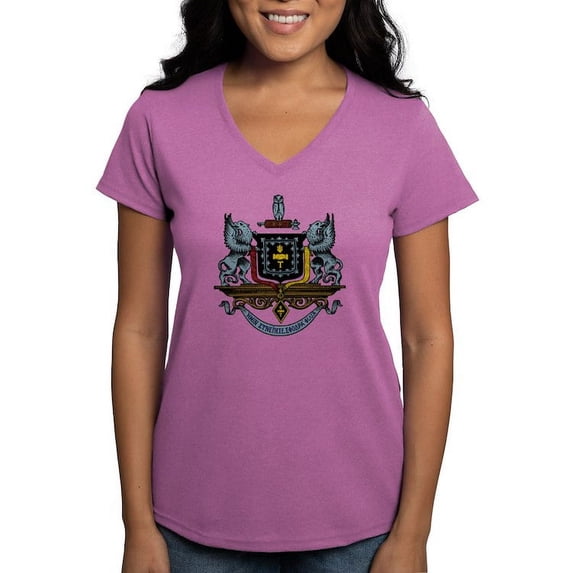 CafePress - Psi Upsilon Colored Crest T Shirt - Women's V-Neck Dark T-Shirt