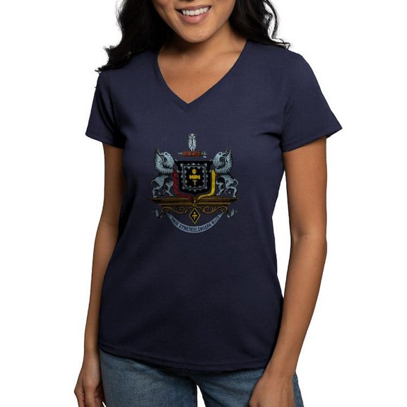 CafePress - Psi Upsilon Colored Crest T Shirt - Women's V-Neck Dark T-Shirt