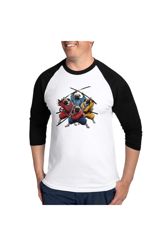 - Pugs Ninja T Shirt - Cotton Baseball Jersey, 3/4 Raglan Sleeve Shirt