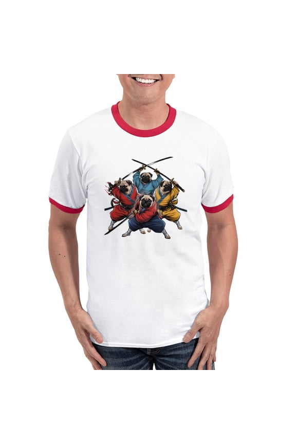 - Pugs Ninja T Shirt Men's Ringer T Shirt - 100% Cotton Ringed T-Shirt