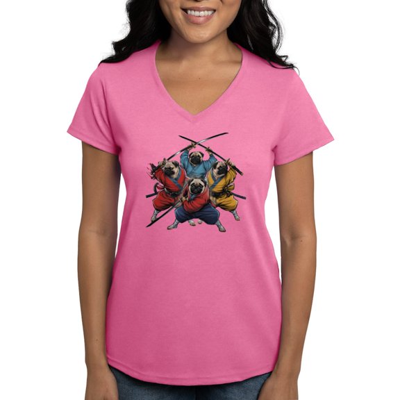 CafePress - Pugs Ninja T Shirt Women's V Neck T Shirt - Women's V-Neck Dark T-Shirt