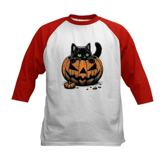 CafePress - Pumpkin Cat Kids Baseball T Shirt - Kids Cotton Baseball Jersey, 3/4 Sleeve Shirt