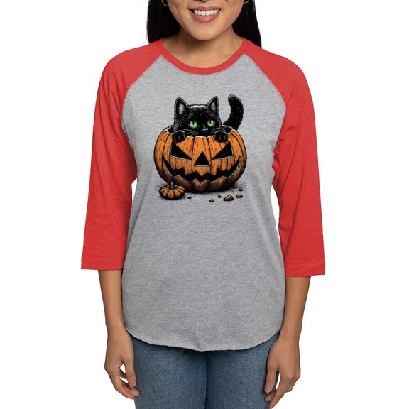 CafePress - Pumpkin Cat Women's Baseball T Shirt - Womens Baseball Tee