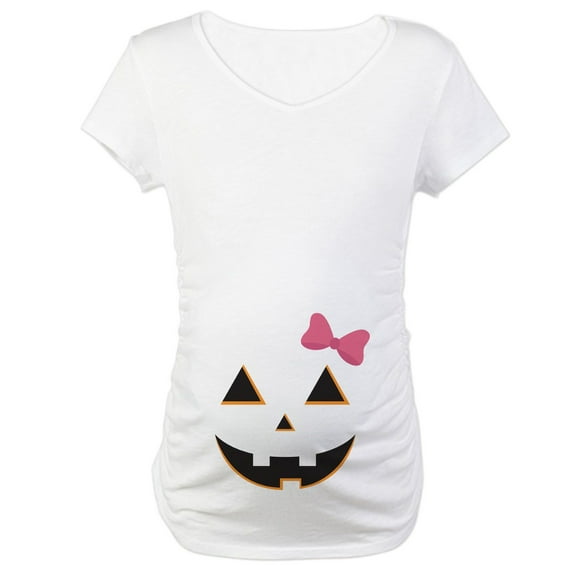 CafePress - Pumpkin Face Pink Bow Maternity T Shirt - Cotton Maternity T-shirt, Cute & Funny Pregnancy Tee