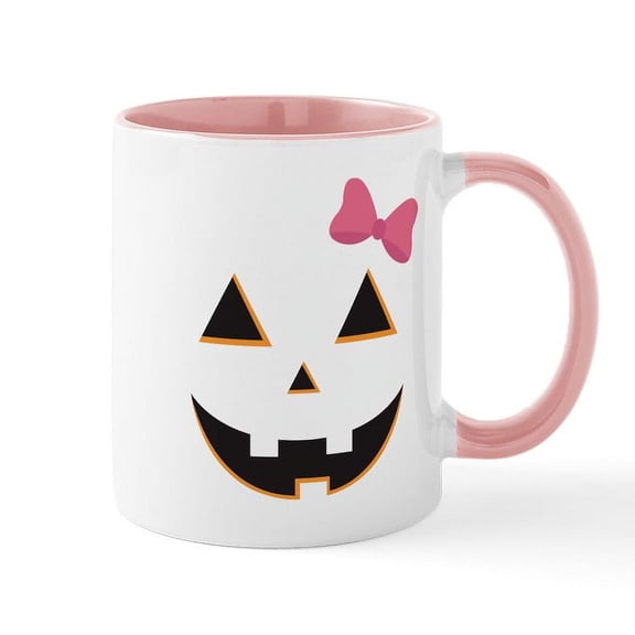 CafePress - Pumpkin Face Pink Bow Mug - 11 oz Ceramic Mug - Novelty Coffee Tea Cup