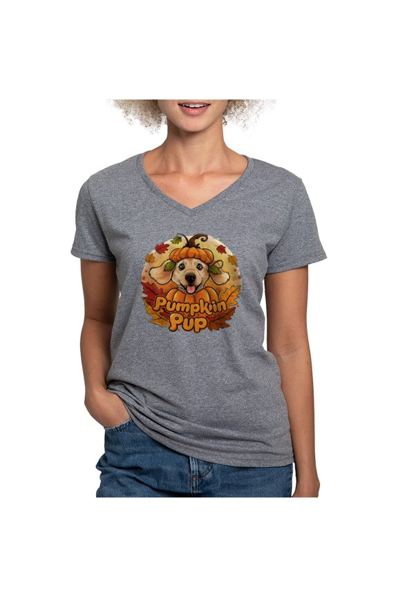 - Pumpkin Pup Women's V Neck T Shirt - Women's V-Neck Dark T-Shirt