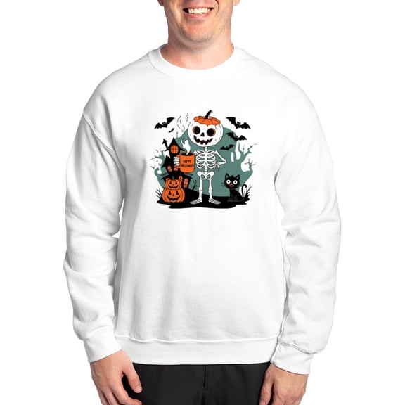 CafePress - Pumpkin Skeleton Drinking Coffee Shirt, Funny Hall - Crew Neck Sweatshirt