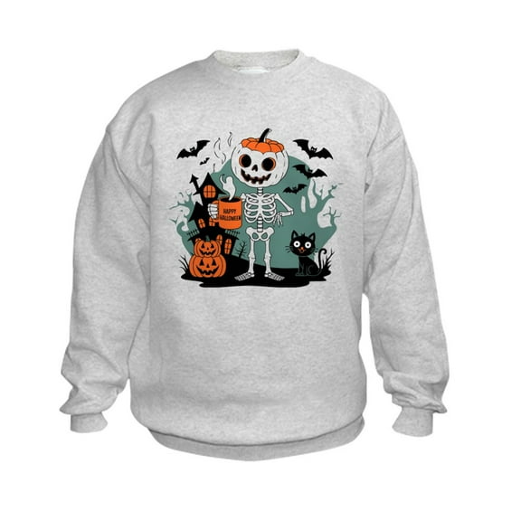 CafePress - Pumpkin Skeleton Drinking Coffee Shirt, Funny Hall - Kids Sweatshirt, Youth Crew Neck Sweatshirt
