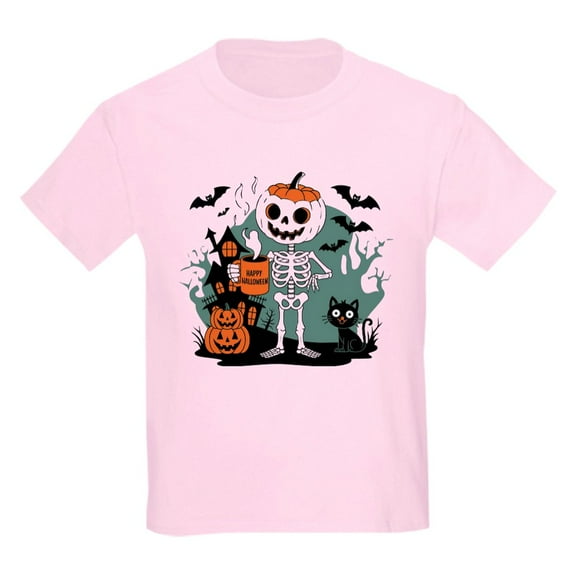 CafePress - Pumpkin Skeleton Drinking Coffee Shirt, Funny Hall Kids T Shirt - Light Classic Kids Graphic, Short Sleeve T-Shirt, Sizes XS-XL
