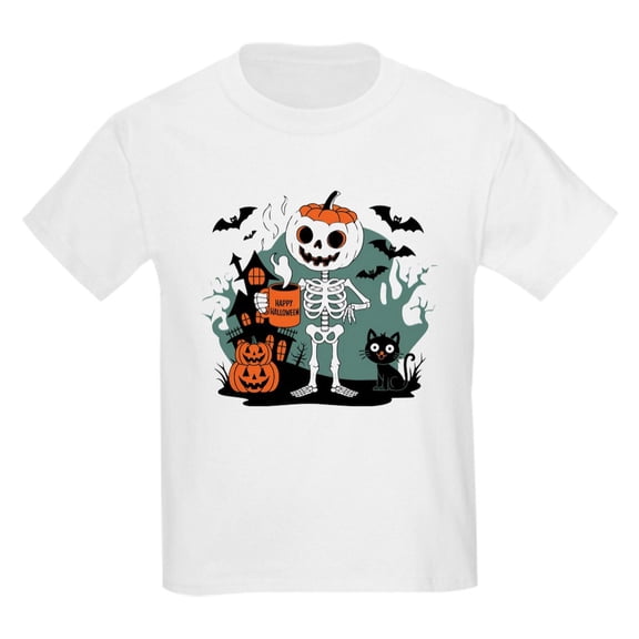 CafePress - Pumpkin Skeleton Drinking Coffee Shirt, Funny Hall Kids T Shirt - Light Classic Kids Graphic, Short Sleeve T-Shirt, Sizes XS-XL