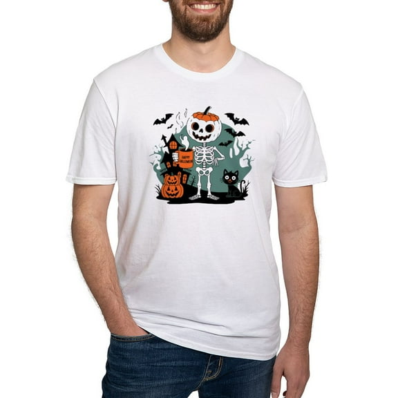 CafePress - Pumpkin Skeleton Drinking Coffee Shirt, Funny Hall Men's Classic T Shirt - Fitted T-Shirt, Vintage Fit Soft Cotton Tee