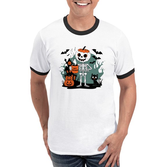CafePress - Pumpkin Skeleton Drinking Coffee Shirt, Funny Hall Men's Ringer T Shirt - 100% Cotton Ringed T-Shirt