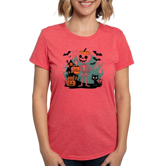 CafePress - Pumpkin Skeleton Drinking Coffee Shirt, Funny Hall Women's Deluxe T Shirt - Womens Tri-blend T-Shirt