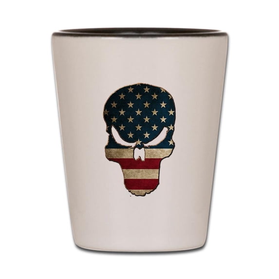 CafePress - Punishing Skull With American Flag - White/Black Shot Glass, Unique and Funny Shot Glass