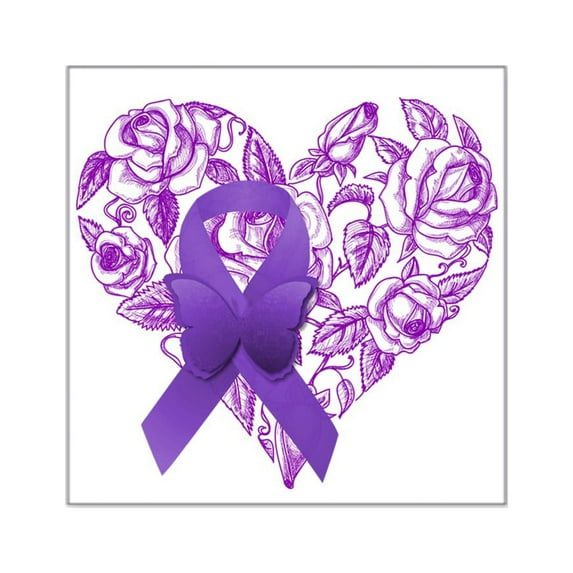CafePress - Purple Awareness Ribbon With Roses Sticker - Square Sticker 3" x 3"