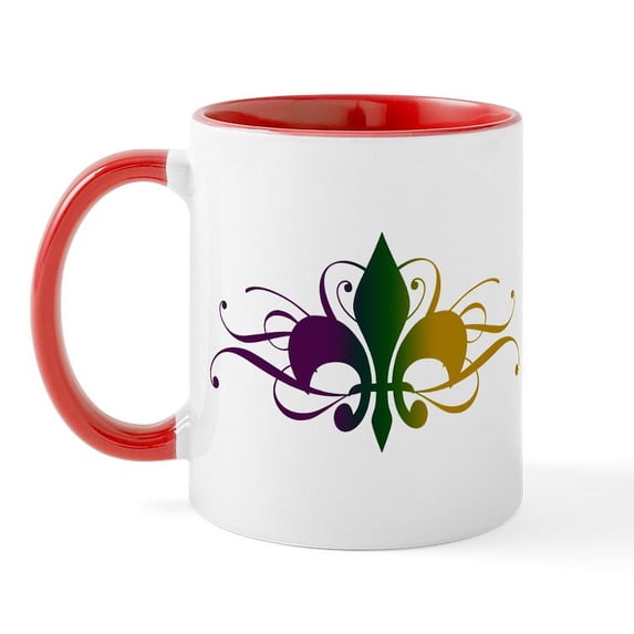 CafePress - Purple Green Yellow Swirl Fleur De Lis Mug - 11 oz Ceramic Mug - Novelty Coffee Tea Cup