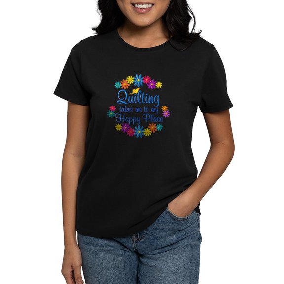 CafePress - Quilting Happy Place Women's Dark T Shirt - Women's Traditional Fit Dark T-Shirt