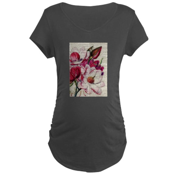 CafePress - RED MAGENTA FLOWER ON NEWSPAPER_VINTAGE Maternity - Maternity Dark T-Shirt