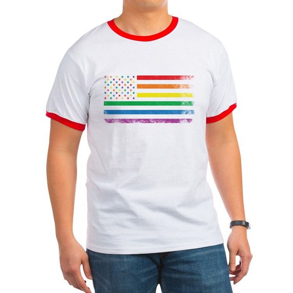 CafePress - Rainbow American Flag T Shirt - 100% Cotton Ringed T-Shirt