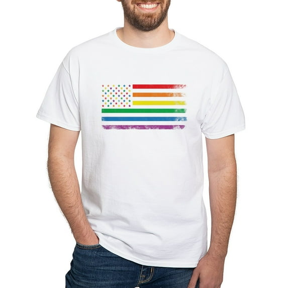 CafePress - Rainbow American Flag T Shirt - Men's White Classic Cotton T-Shirts