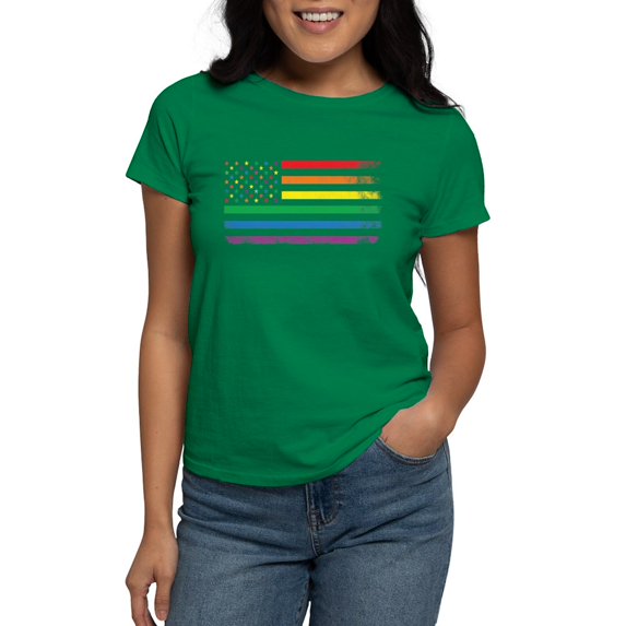 CafePress - Rainbow American Flag T Shirt - Women's Traditional Fit Dark T-Shirt